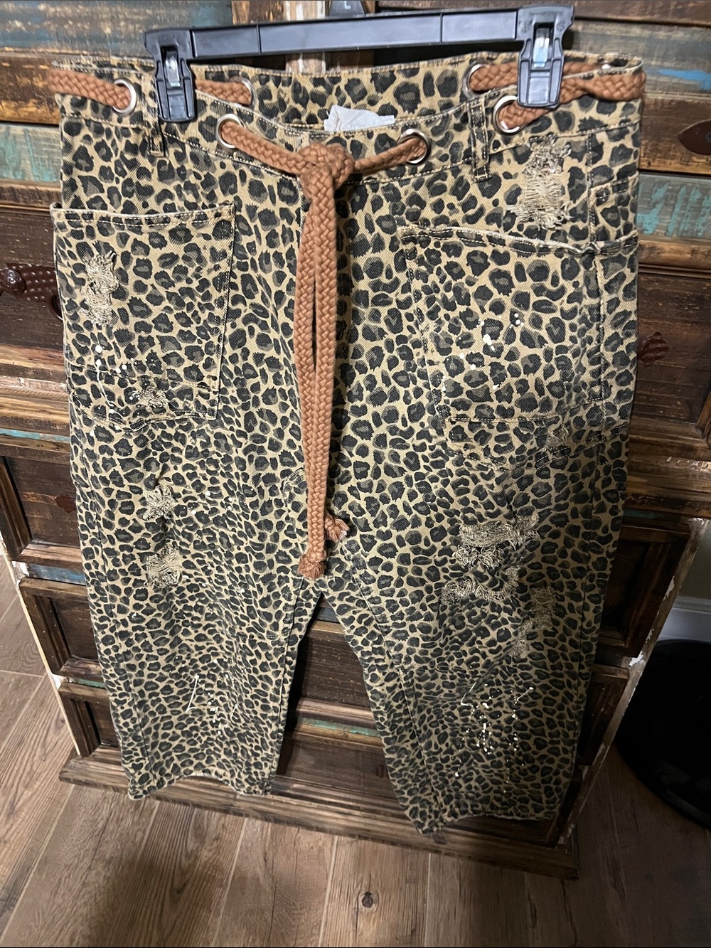 Leopard Print Women’s Jeans with Braided Drawstring